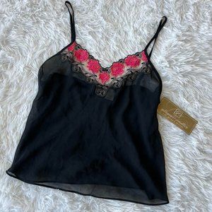 NWT Vintage Sheer Tank Floral Trim Black and Pink Vest